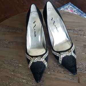 Nina Black Brocade Sparkle Rhinestone Heels Size 5